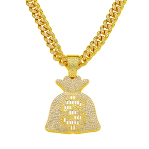Collier Pendentif Sac d'Argent en Alliage de Zinc avec Strass Hip Hop Homme Avec Chaîne Gourmette Signe Dollar Bling