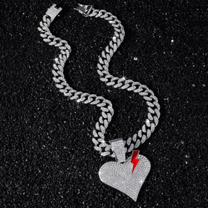 Men's hip hop silver iced out Cuban chain necklace with sparkling broken heart pendant