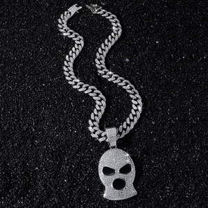 Collar de cadena cubana hip hop para hombre con colgante de calavera pasamontañas de diamantes
