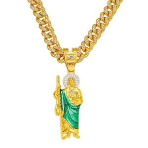 Collana Hiphop Uomo Placcata Oro con Pendente San Giuda Lega di Zinco Iced Out Catena Barbazzale Strass Gioielli Religiosi