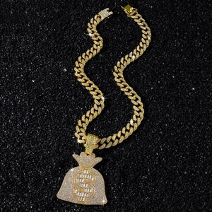 Collier hip hop pour homme avec pendentif sac d'argent doré et chaîne cubaine givrée