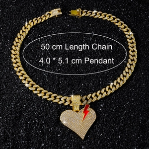 Hip hop heart pendant with red lightning and crystals on a 50cm golden Cuban chain