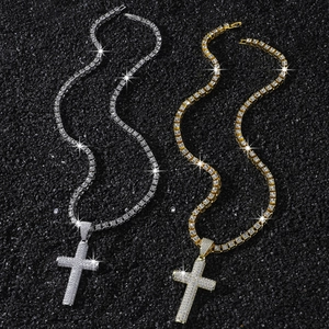 Iced out cross pendant necklaces in gold and silver with cubic zirconia tennis chains
