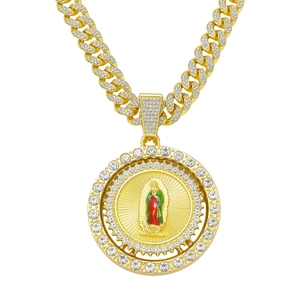 Gold-plated iced out Cuban chain necklace with rotating Virgin Mary religious pendant