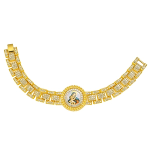 Bracelet Homme Hip Hop Entièrement Serti de Strass Médaillon Religieux Vierge à l'Enfant Chaîne en Alliage Bijou