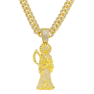 Hip Hop Iced Out Santa Muerte Pendant Necklace Zinc Alloy Rhinestone Cuban Link Chain Personality Jewelry For Men