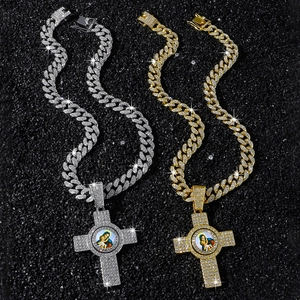 Colliers chaîne cubaine hip hop avec pendentifs croix Vierge Marie en or et argent
