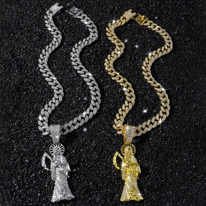 Hip hop Santa Muerte pendant necklace with full iced out diamonds on gold and silver cuban chains