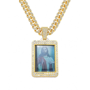 Men Iced Out Zinc Alloy Jesus Portrait Rectangle Pendant Necklace Rhinestone Cuban Link Chain Hip Hop Fashion Jewelry