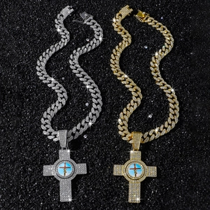 Iced out cross pendant necklaces with Cuban chains in gold and silver hip hop style