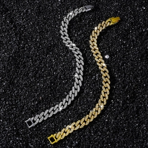 Bracciale da donna da 9 mm con diamanti e maglie a rombo in oro e argento
