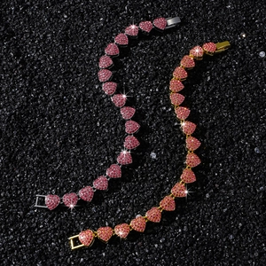 Pink heart-shaped crystal tennis bracelet in gold and silver finish on black stones