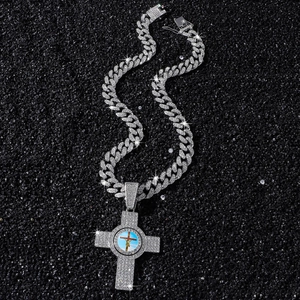 Iced out hip hop Cuban link chain necklace with crystal cross pendant and Jesus image
