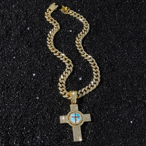 Men's hip hop gold Cuban link chain necklace with iced out sparkling cross pendant