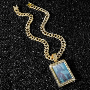 Hip-hop gold cuban link necklace with large iced-out rectangular Jesus pendant