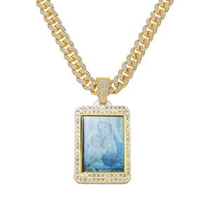 Collier Hip Hop Homme en Alliage de Zinc avec Strass Pendentif Vierge Marie Chaîne Cubaine Or Argent Plaqué Bijoux Religieux Portrait