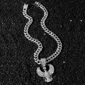 Hip hop silver iced-out Cuban chain necklace with a large crystal eagle pendant