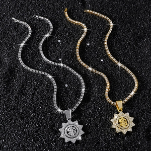 Collana tennis iced out con pendente a girasole dollaro rotante in oro e argento