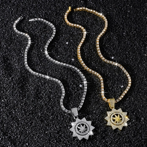 Hip-Hop Tennis-Kettenset mit drehbarem Sonnenblumen- und Blattanhänger in Gold und Silber