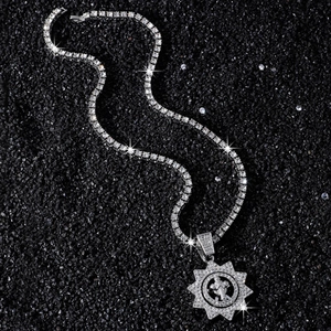Mens hip hop tennis chain with spinning cross sun pendant in silver finish with white zircons