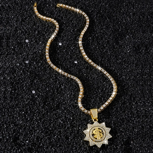 Collana tennis dorata con ciondolo rotante a forma di dollaro e girasole
