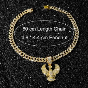 Detail of crystal eagle pendant with 50cm golden Cuban link chain for hip hop style