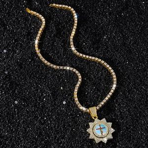 Chaîne tennis or hip hop avec pendentif croix rotative et Jésus pour hommes