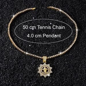 Detail view of 50cm tennis chain with 4.0cm iced out rotating cross sun pendant