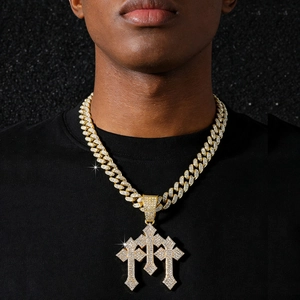 Hip Hop Iced Out Men Zinc Alloy Rhinestone Three Interlocking Crosses Pendant Necklace With Cuban Chain Gold Silver Plated Jewelry Gift