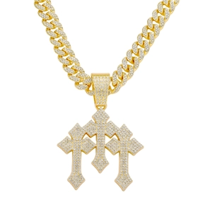 Hip hop gold plated Cuban chain necklace featuring triple cross iced out pendants