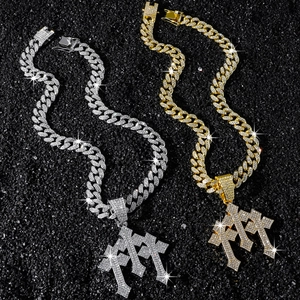 Hip hop iced out Cuban link chain with three layered cross pendants in gold and silver