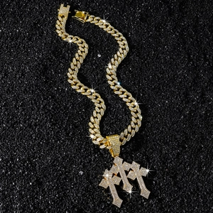 Iced out gold hip hop Cuban chain necklace with triple cross pendants and white zircons