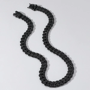 Mens 13mm hip hop style black iced out cuban link chain necklace with paved stones