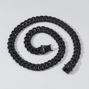 Men's 13mm hip hop Cuban link chain necklace in black paved with sparkling crystals