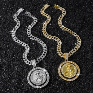 Collier gourmette hip hop avec pendentif médaille ange rotatif en or et argenté brillant