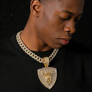 Hip Hop Men Zinc Alloy Lion Head Crown Shield KING Pendant Necklace Full Rhinestone Cuban Link Chain Jewelry