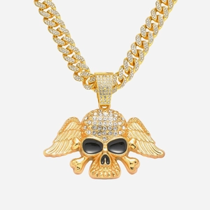 Hip hop skull pendant with wings and iced out cuban chain in gold finish for men