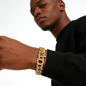 Bracelet Hip Hop Gourmette Iced Out Alliage Strass Motif Lettres OTG Chaîne Bijoux Mode Urbaine Pour Hommes