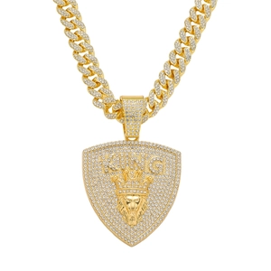 Hip hop lion head king shield pendant with iced out cuban link chain for men