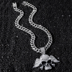 Hip-hop silver wings skull pendant necklace with Cuban chain and iced out rhinestones