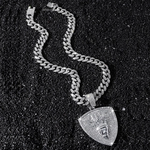 Iced out silver hip hop lion head shield necklace with king crown and cuban chain