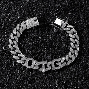 Bracelet cubain argenté style hip hop de 13 mm serti de zircons et pendentif OTG