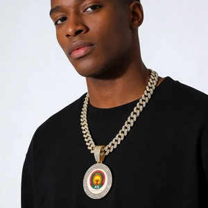 Collier Hip Hop Hommes Pendentif Logo AES en Alliage de Zinc Strass Avec Chaîne à Mailles Cubaines Or Argent Bijoux