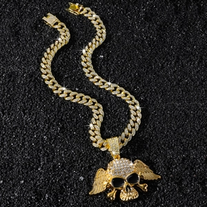 Hip hop style gold plated full rhinestone skull and wing pendant on cuban link chain
