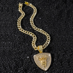 Men's hip hop gold iced out crown lion king shield pendant with cuban link chain