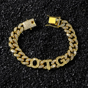Bracelet gourmette 13mm plaqué or serti de diamants avec lettres OTG de style hip hop