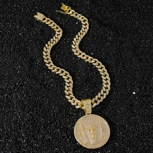Collier hip hop plaqué or avec chaîne cubaine et grand pendentif croix ronde pour hommes