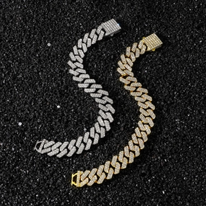 Classic 14mm iced-out diamond rhombus Cuban chain bracelets in gold and silver plating