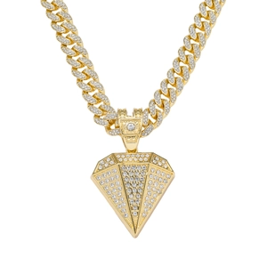 Men's hip hop gold Cuban link chain necklace with large iced out diamond shape pendant