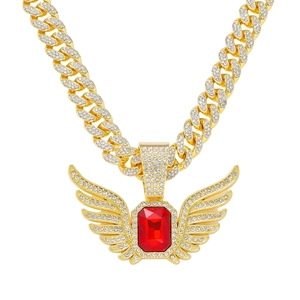 Iced out Cuban chain necklace with red gemstone wing pendant in gold finish